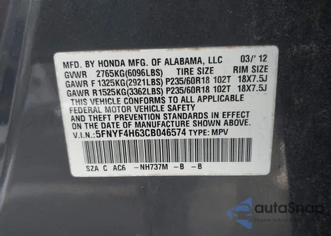 2012 Honda Pilot Ex-L из США, поврежденный, VIN 5FNYF4H63CB046574